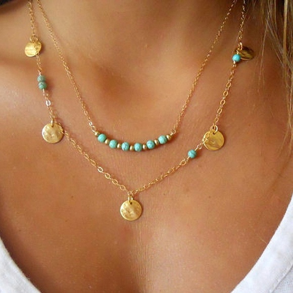 Anthropologie Jewelry - Kingman Turquoise Beaded Boho Indie Gold Necklace